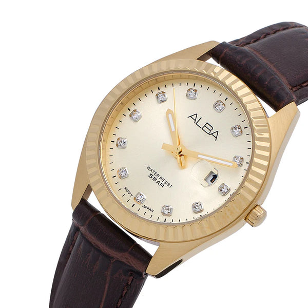 ALBA | Golden Dial With 12 Stones | Women's Watch