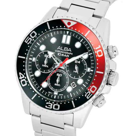 ALBA | Black Dial Chronograph with Red + Black Bezel | Men's Watch