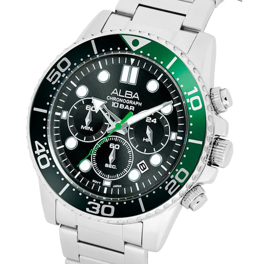 ALBA | Black Dial Chronograph with Green + Black Bezel | Men's Watch